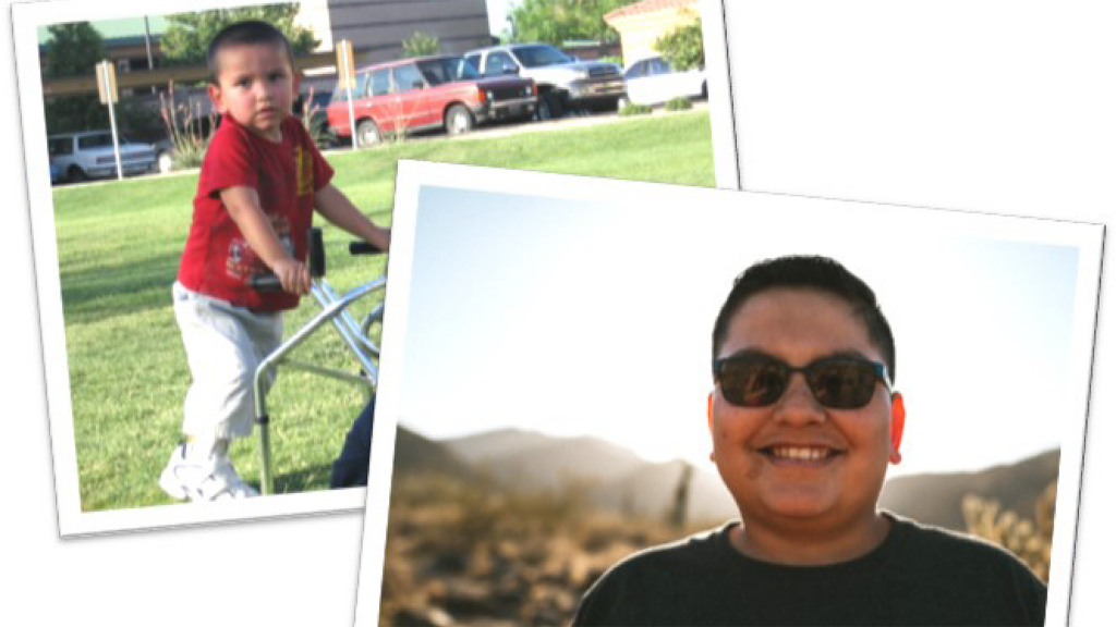 two snapshots of same boy, first as toddler with walker and then as a young man